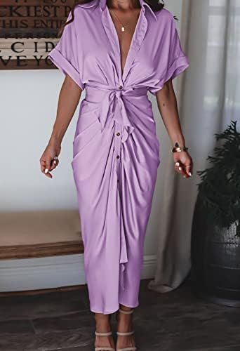 Women Elegant Satin Button Down Short Sleeve Maxi Shirt Dres...