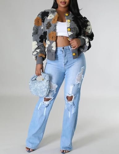 Womens Cropped Floral Print Jacket Warm Fleece Bomber Jacket...