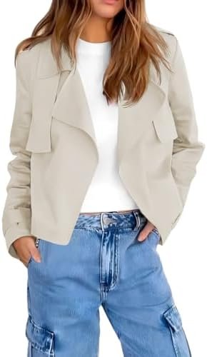 Cicy Bell Womens Cropped Trench Coat Casual Long Sleeve Notc... Cicy Bell Womens Cropped Trench Coat Casual Long Sleeve Notc...