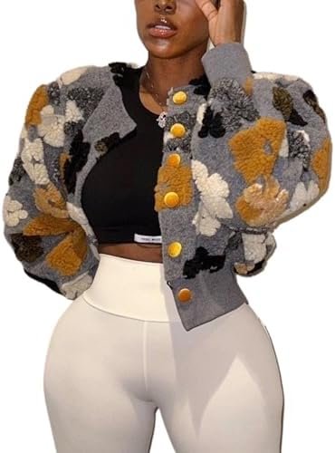 Flygo Women's Cropped Floral Print Bomber Jacket Warm Fleece...