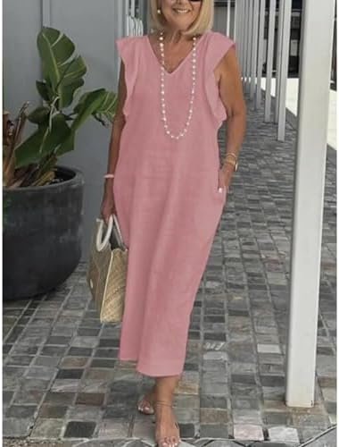 Women Linen Maxi Dress V Neck Ruffle Sleeve Tie Back Cotton ...