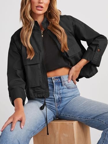 Tankaneo Women Casual Cropped Jackets Zip Up Lightweight Mil...