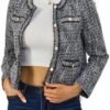 Xaspee Women's Tweed Blazers Cropped Long Sleeve Crewneck Op...