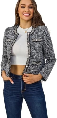 Xaspee Women's Tweed Blazers Cropped Long Sleeve Crewneck Op...