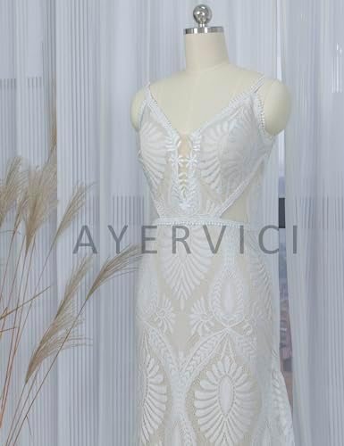 Boho Lace Wedding Dress for Brides Could Sleeves Deep V Neck...