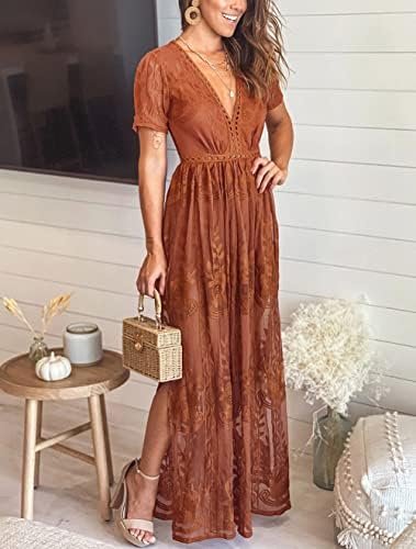 Eleter Women's Deep V-Neck Lace Romper Short Sleeve Long Dre...