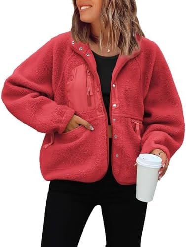 ReachMe Womens Sherpa Jacket Casual Lapel Button Down Croppe...