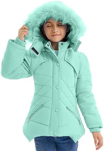 FARVALUE Girls' Winter Coats Fur Hooded Warm Puffer Jacket C...