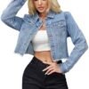 Jean Jacket Women Frayed Raw Hem Button Up Long Sleeve Cropp...