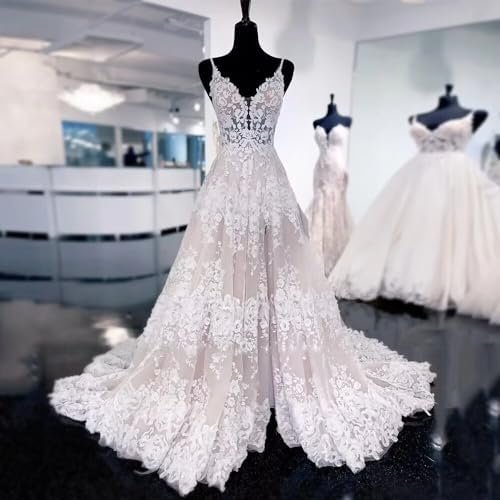 Dymaisei Spaghetti Straps Wedding Dresses with Slit Lace Bri...