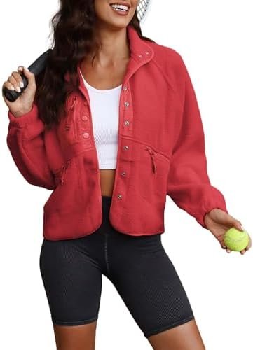 ReachMe Womens Sherpa Jacket Casual Lapel Button Down Croppe...