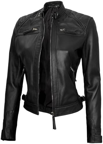 fjackets Real Leather Jacket Women - Cafe Racer Natural Grai...