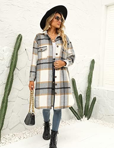 PUWEI Women's Long Flannel Plaid Jacket Shacket Cozy Lapel B...