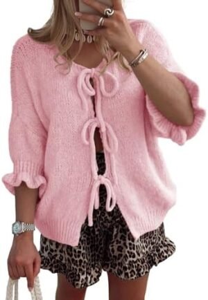 Saodimallsu Womens Tie Front Bow Cardigan Sweaters Chunky Kn...