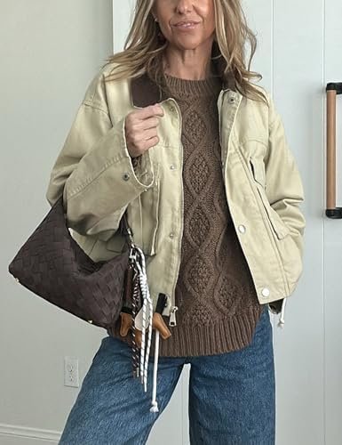 Womens Cropped Jacket Contrast Collar Utility Coat Cargo Jac...