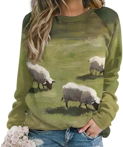 Womens Funny Sheep Sweatshirt Long Sleeve Lambs Printed Crew...