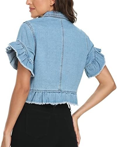 MISS MOLY Women's Denim Jacket Ruffle Sleeve Button Down Dis...