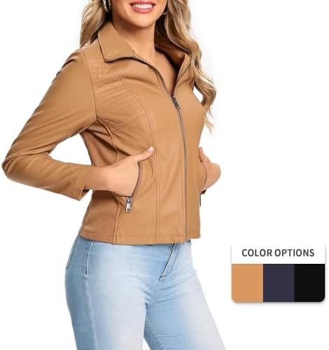 S P Y M Womens Faux Leather Jacket, Casual Fashion Quilted Z...