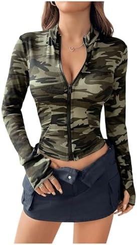 GORGLITTER Women's Camo Print Zip Up Rib Knit Crop Shirt GORGLITTER Women's Camo Print Zip Up Rib Knit Crop Shirt Top...