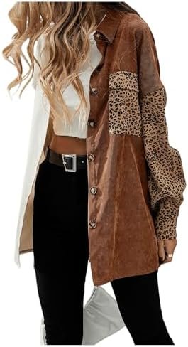 SHENHE Women's Corduroy Leopard Button Down Long Sleeve Shac...