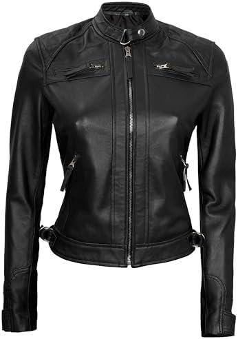 fjackets Real Leather Jacket Women - Cafe Racer Natural Grai...