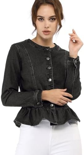 Allegra K Women's Peplum Denim Jackets Collarless Round Neck...