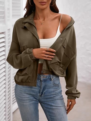 Women's Cropped Oversized Safari Jackets Zip Up Stand Collar...