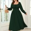 Women's Plus Size Dress Long Sleeve Smocked Dress Square Nec...