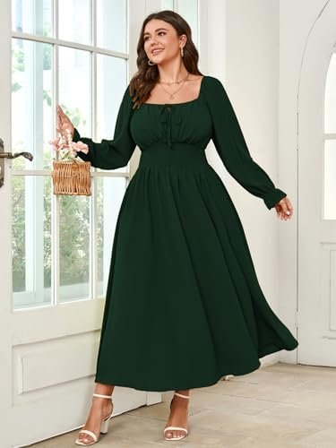 Women's Plus Size Dress Long Sleeve Smocked Dress Square Nec...