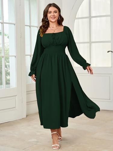 Women's Plus Size Dress Long Sleeve Smocked Dress Square Nec...