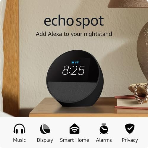 Amazon Echo Spot (newest model), Great for nightstands, offi...