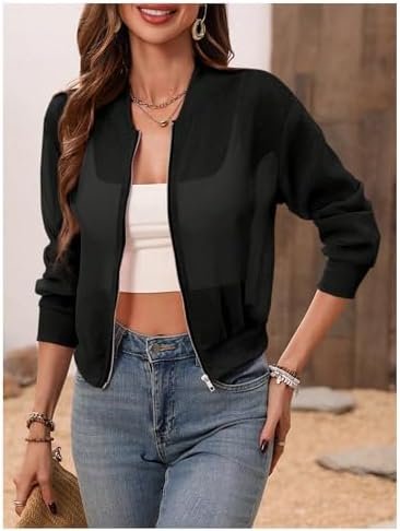 Verdusa Women's See Through Bomber Jacket Zip Up Long Sleeve...