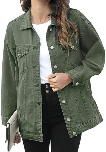 PUWEI Women's Oversized Denim Jacket Distressed Lapel Button...