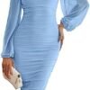 MEROKEETY Women's Long Puff Sleeve Ruched Bodycon Dress Squa...