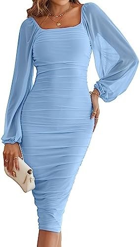 MEROKEETY Women's Long Puff Sleeve Ruched Bodycon Dress Squa... MEROKEETY Women's Long Puff Sleeve Ruched Bodycon Dress Squa...