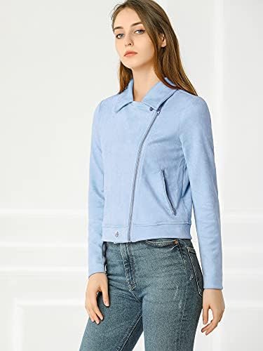 Allegra K Women's Short Soft Zip Up Faux Suede Biker Moto Ja...