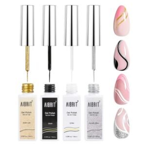 Gel Liner Art Polish Set 10ml, 4 Colors Black White Gel Liner Art Polish Set 10ml, 4 Colors Black White Gold Sil...