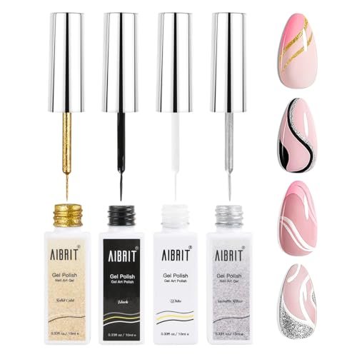 Gel Liner Art Polish Set 10ml, 4 Colors Black White Gold Sil...