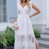 Women's V Neck Tie Strap Embroidered Lace Maxi Wedding Dress...