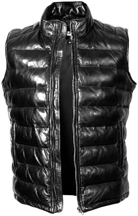 STREGA Puffer Vest Men Real Lambskin Leather Quilted Down Wa...