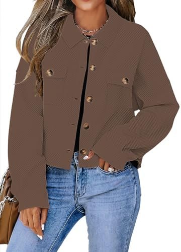 Womens Cropped Shacket Long Sleeve Button Down Lapel Casual ...