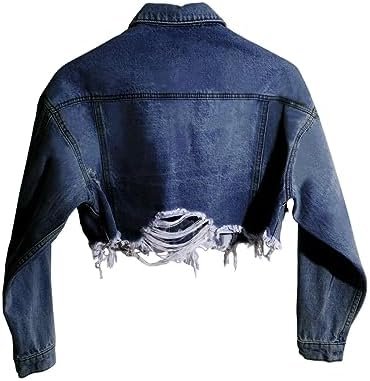 HTD Women's Cropped Jean Jacket Button Up Long Sleeve Ripped...
