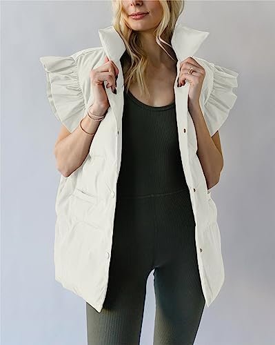 Valphsio Women's Puffer Vests Ruffle Sleeve Winter Button Do...