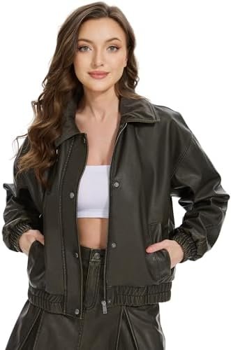 Fahsyee Women's Faux Leather Jacket Oversized Moto Biker Coa...