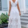 Women's V Neck Tie Strap Embroidered Lace Maxi Wedding Dress...