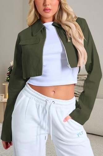Women's Cropped Jacket Casual Zip Up Long Sleeve Lapel Crop ...