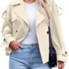 Tankaneo Womens Cropped Trench Coat Casual Double Breasted S...