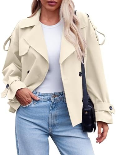 Tankaneo Womens Cropped Trench Coat Casual Double Breasted S...