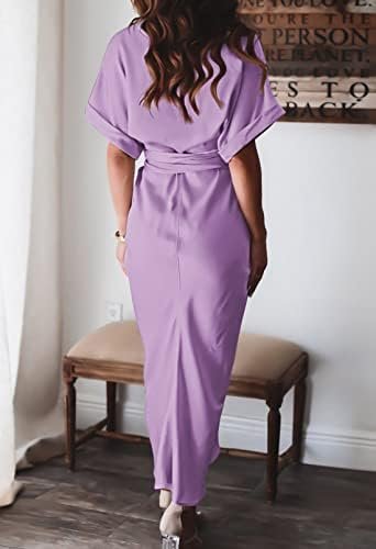 Women Elegant Satin Button Down Short Sleeve Maxi Shirt Dres...