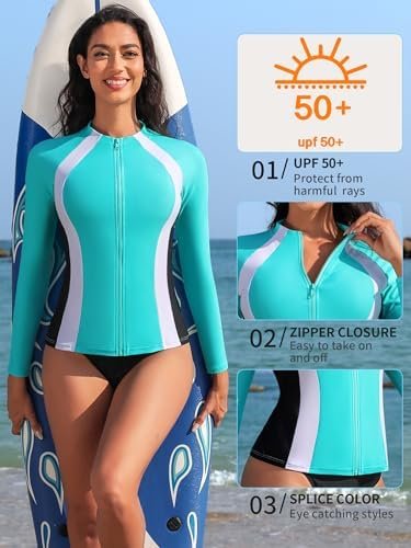 ATTRACO Long Sleeve Rash Guard Shirts for Women Full Zip Jac...